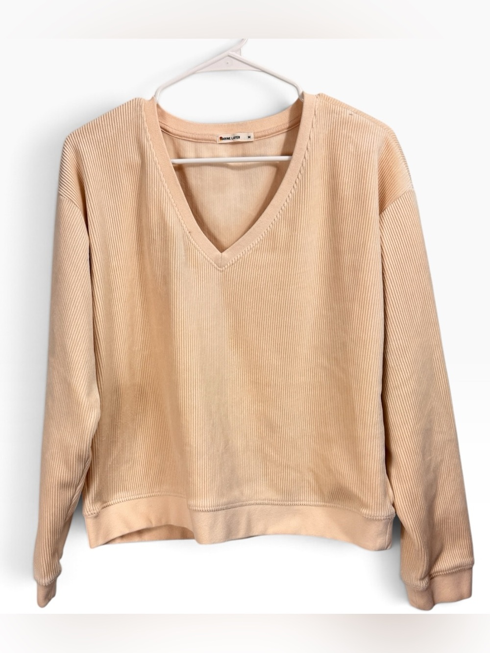 Marine Layer Velour Corduroy V-Neck Sweatshirt Beige Size Medium Thick Warm